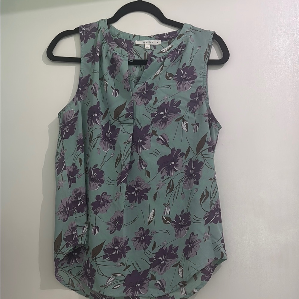 Floral Sleeveless Blouse - Purple and Green